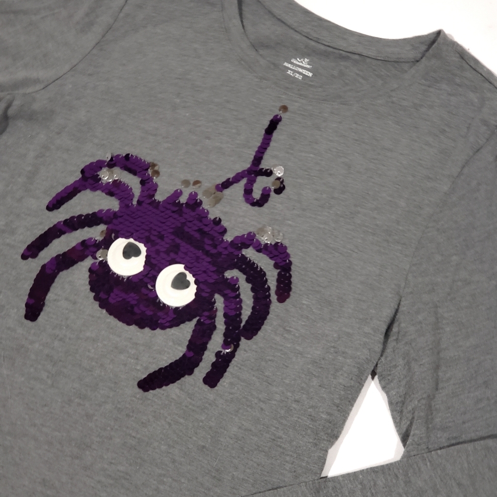 Celebrate Halloween Sequin Spider Grey Long Sleeve Top Shirt Size XL(14-16) Kids
